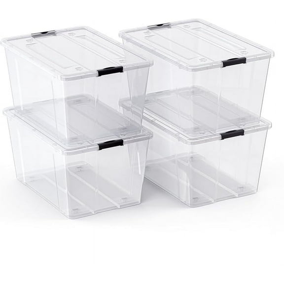 6 PACK 75 Qt. Plastic Storage Bin Tote Organizing Container with Ultra Durable Lid & Secure Latching Buckles Stackable Extra Strength Clear w/Black Handle