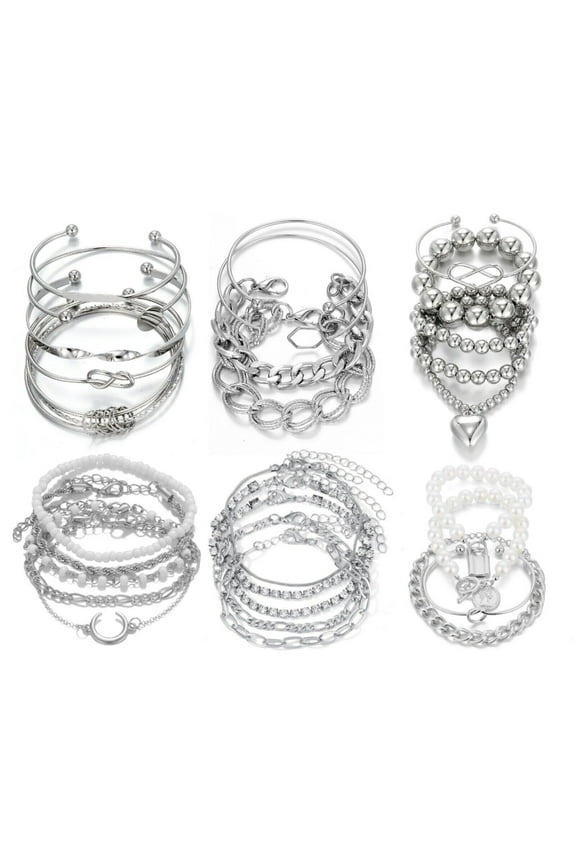 6 PACK Boho Silver Chain Bracelets Set for Women,Multiple Layered Stackable Open