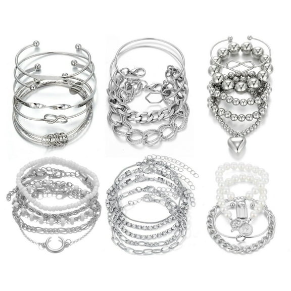 6 PACK Boho Silver Chain Bracelets Set for Women,Multiple Layered Stackable Open