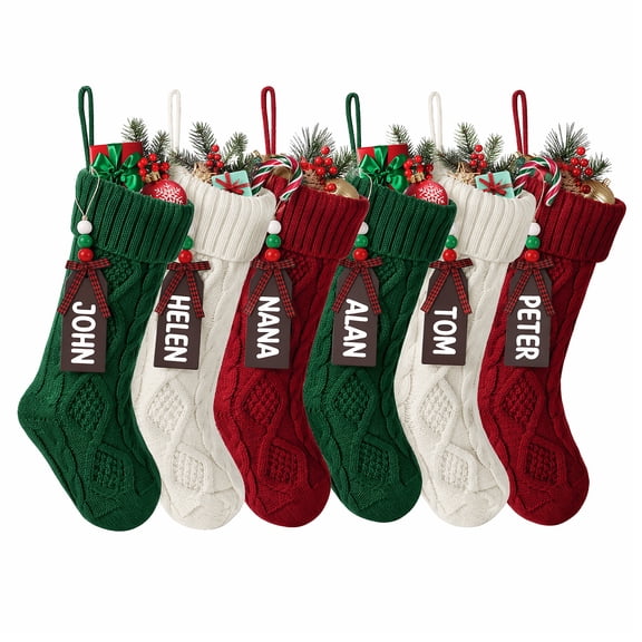 6 PACK Christmas Stockings,18Inches Large Cable Knitted Stocking Personalized Xmas Hanging Stocking Decorations with Name Tags for Holiday Christmas Party Family Decor