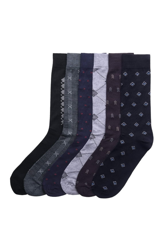 6-PACK Couver Men's Dress Socks, Patterned Crew Socks, Multi Color, Size 10-13