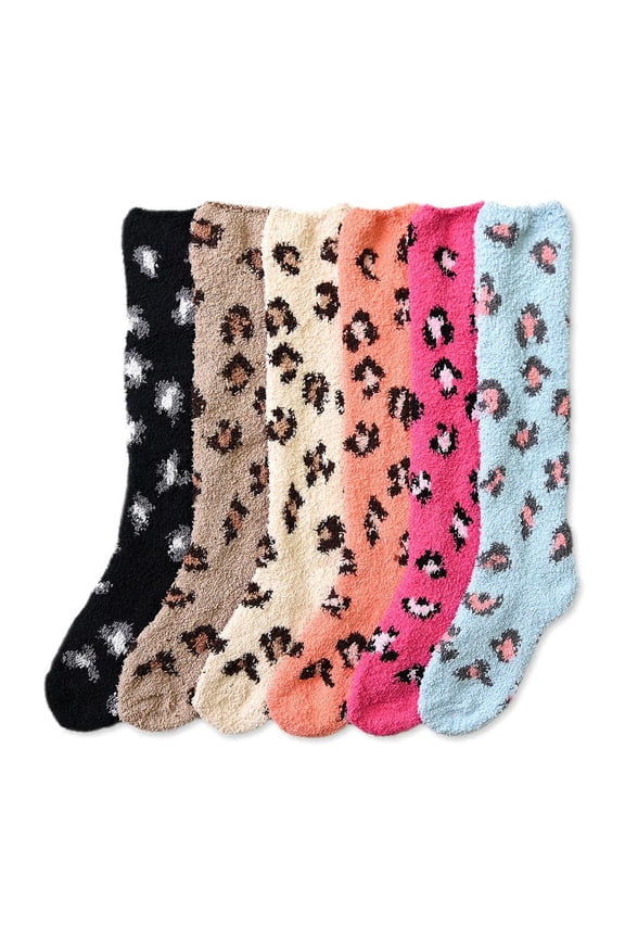 6-PACK Couver Women's Comfort Plush Soft Knee High Socks, Leopard Print, 9-11