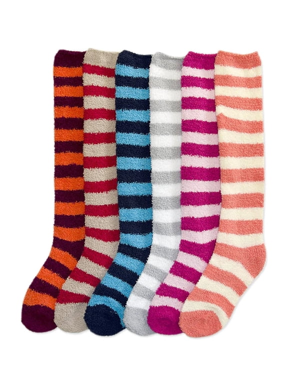 6-PACK Couver Women's Comfort Plush Soft Knee High Socks, Stripes Pattern, 9-11