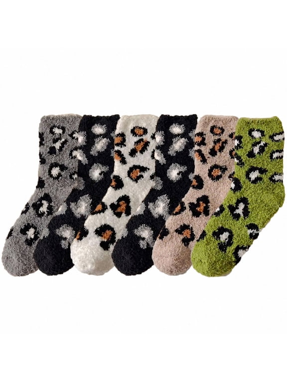 6-PACK Couver Women's Warm Soft Plush Socks, Multi-Color Nature Leopard Pattern, 9-11