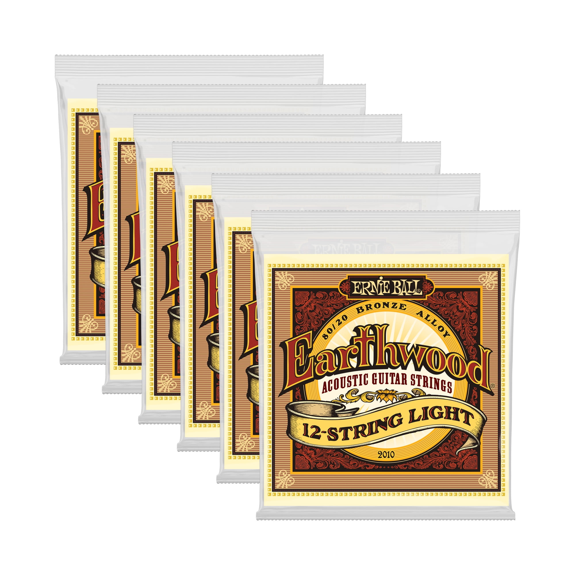 6 PACK Ernie Ball P02010 Earthwood 12-String Light 80/20 Bronze Acoustic Set, .009 - .046