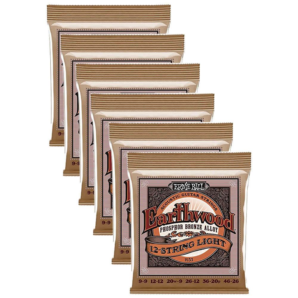 6 PACK Ernie Ball P02153 Earthwood 12-string Light Phosphor Bronze Acoustic String Set .009 - .046