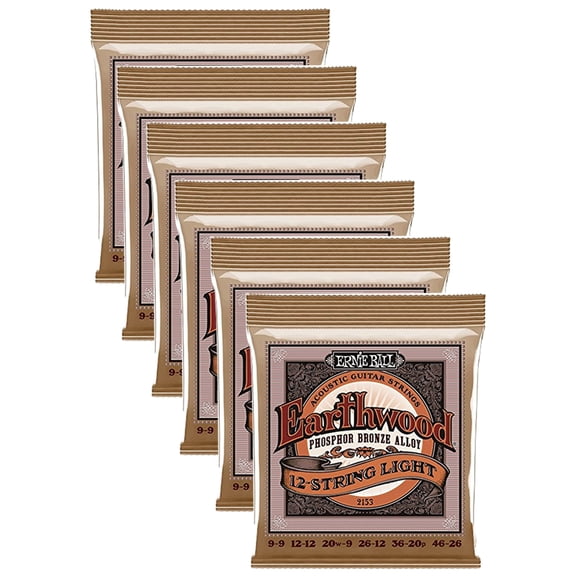 6 PACK Ernie Ball P02153 Earthwood 12-string Light Phosphor Bronze Acoustic String Set .009 - .046