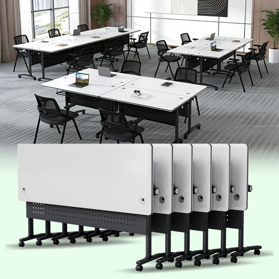 6 PACK Folding Conference Room Table with Wheels,47.2 IN Modular Conference Tables Seminar Table with Grommet,Stability Enhancement,Fold Up Rolling Conference Table for Office