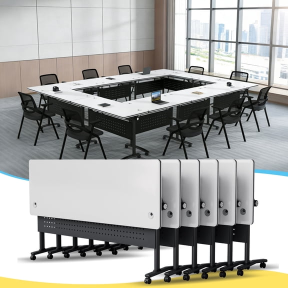 6 PACK Folding Conference Table,Conference Room Tables with Wheels,47.2 IN Modular Seminar Table with Grommet,Mobile Rolling Training Tables for Office Classroom