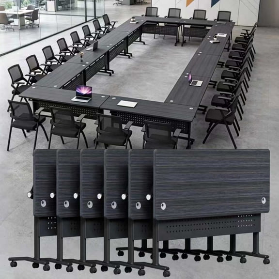 6 PACK Folding Conference Table,Conference Room Tables with Wheels,63 IN Modular Seminar Table with Grommet,Mobile Rolling Training Tables for Office Classroom