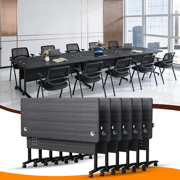 6 PACK Folding Conference Table,Conference Room Tables with Wheels,63 IN Modular Seminar Table with Grommet,Mobile Rolling Training Tables for Office Classroom