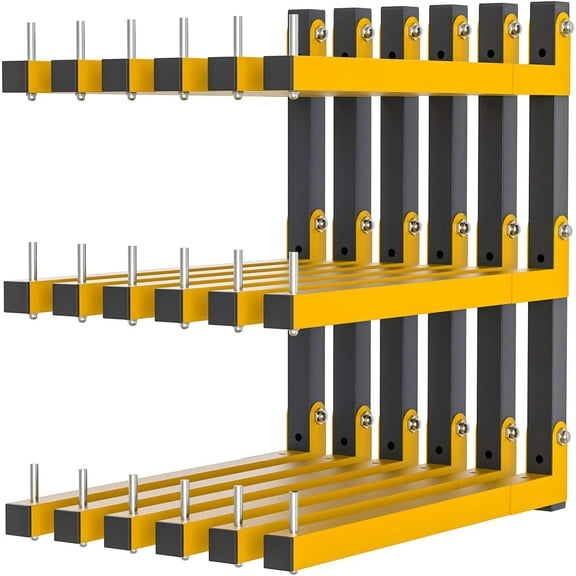 6 PACK Lumber Storage Rack Wall Mount Wood Organizer Storage Racks Heavy Duty Shelf Brackets with 9-Level System 1080 LB Sturdy Folding Garage Wall Shelving, Snowboard Rack for Indoor and Outdoor