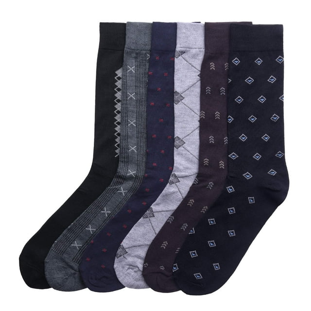 6PACK Couver Men's Dress Socks, Patterned Crew Socks, Multi Color