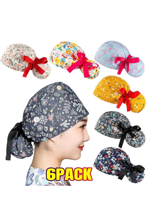 6 PACK Scrub Caps Women with Button, Satin Lined Nurse Caps for Women, Breathable & Adjustable