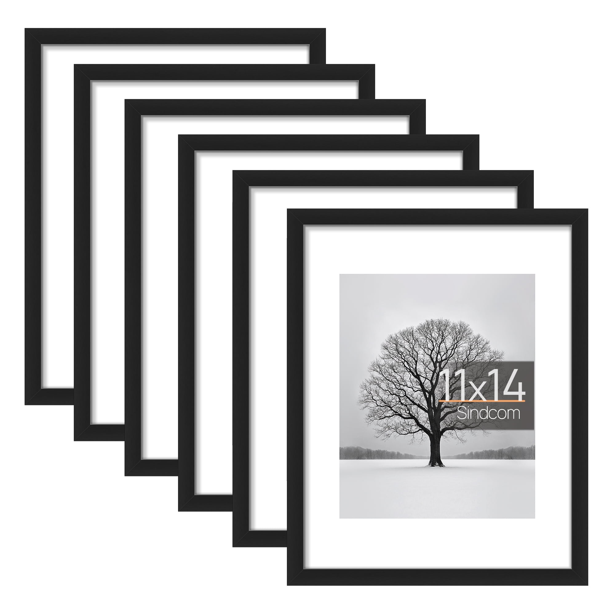 Sindcom 6 Pack 11x14 Picture Frames,Display Pictures 8x10 with Mat or 11x14 Without Mat,Gallery Wall Photo Frames, Black
