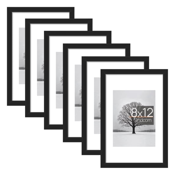 Sindcom 6 Pack 8x12 Picture Frames,Display Pictures 6x8 with Mat or 8x12 Without Mat,Gallery Wall Photo Frames, Black