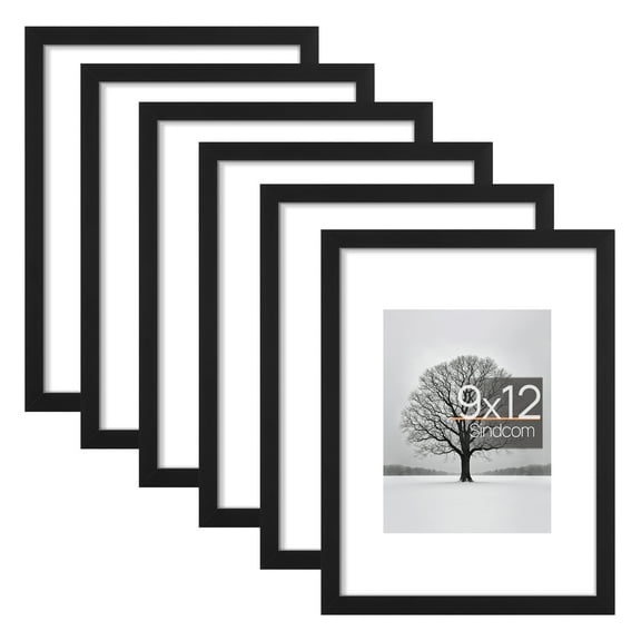 Sindcom 6 Pack 9x12 Picture Frames,Display Pictures 6x8 with Mat or 9x12 Without Mat,Gallery Wall Photo Frames, Black