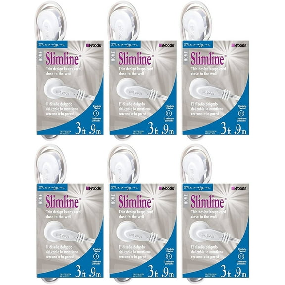 6-PACK - SlimLine 2235 Flat Plug Extension Cord, 2-Wire, White, 3-Foot