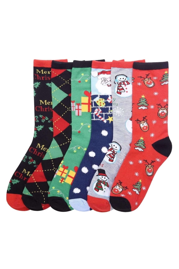 Women's Patterned Crew Socks, 6-Pack, Christmas, Size 9-11