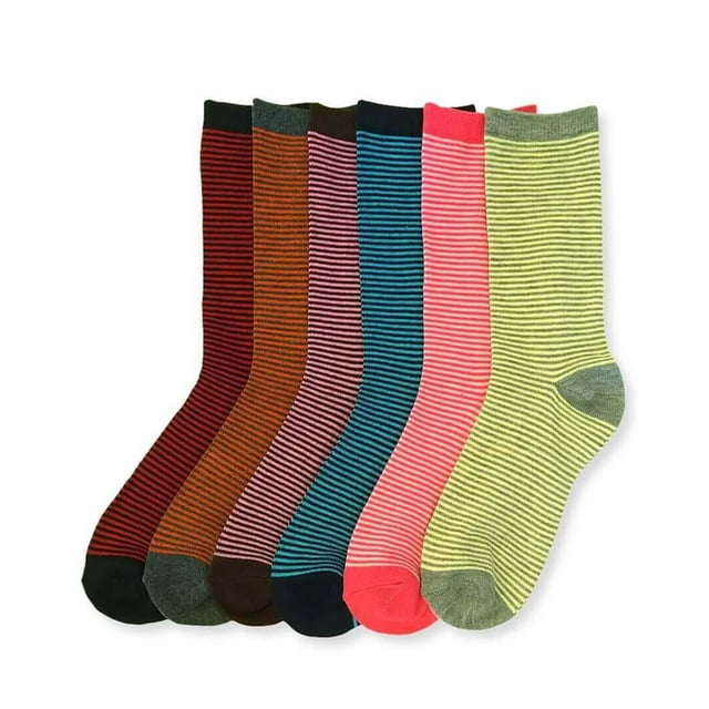 6-PACK Women's Comfort Design Colorful Patterned Crew Socks, Stripes Pattern, 9-11