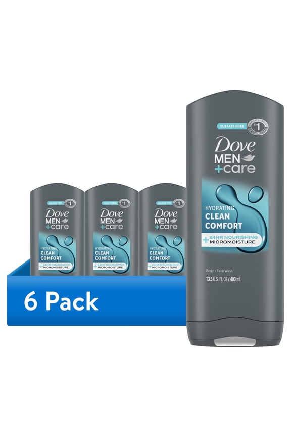 (6 pack) Dove Men+Care Daily Use Face & Body Wash for Men Clean Comfort All Skin, 13.5 oz