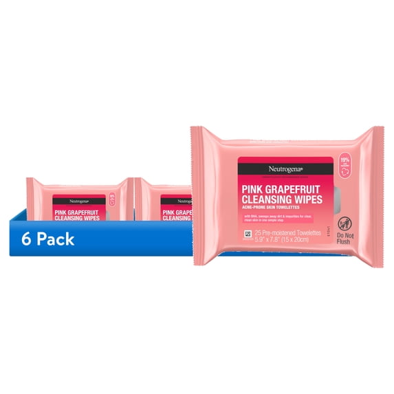 (6 pack) Neutrogena Oil-Free Facial Cleansing Wipes, Pink Grapefruit, 25 Count