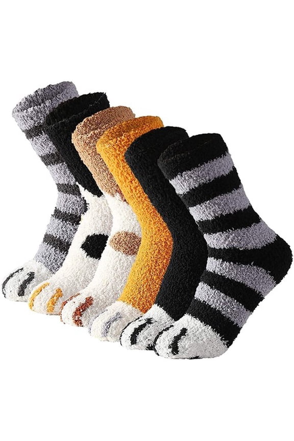 6 PAIRS WOMEN'S FUZZY WINTER FLUFFY COZY WARM CUTE CAT PATTERN PAW SOCKS SET