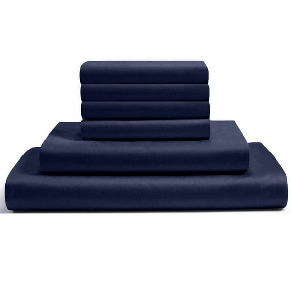 6-PC Alaskan King Egyptian 300-TC Cotton Sheet Set - 15" Deep Pockets with 1 Fitted Sheet, 1 Oversized Flat Sheet 4 Pillowcases - Navy Blue