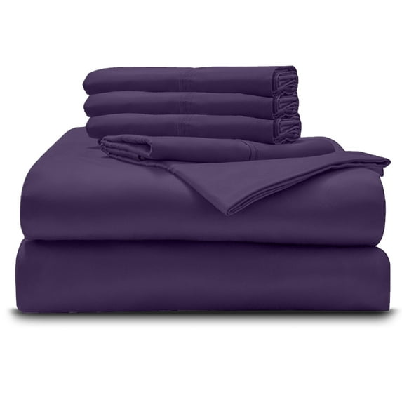 6-PC Bedding Set- 100% Organic Cotton Bed Sheet Set 700 Thread Count, 10-Inch Deep Pocket - Plum, Short Queen