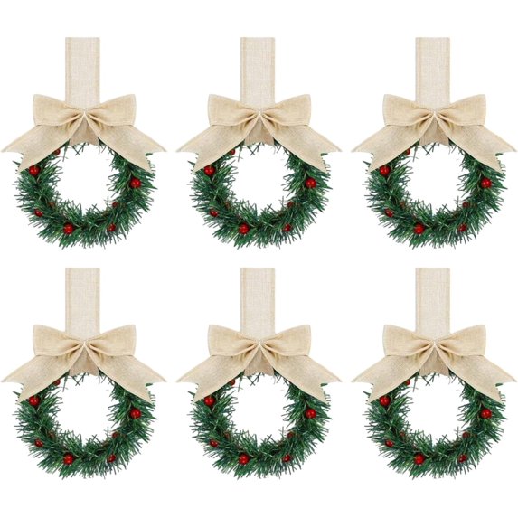 6 PC Christmas Kitchen Cabinet Wreaths with Beige Ribbon Bow, 5.12” Mini Christmas Wreath Small Kitchen Xmas Decor for Window Door