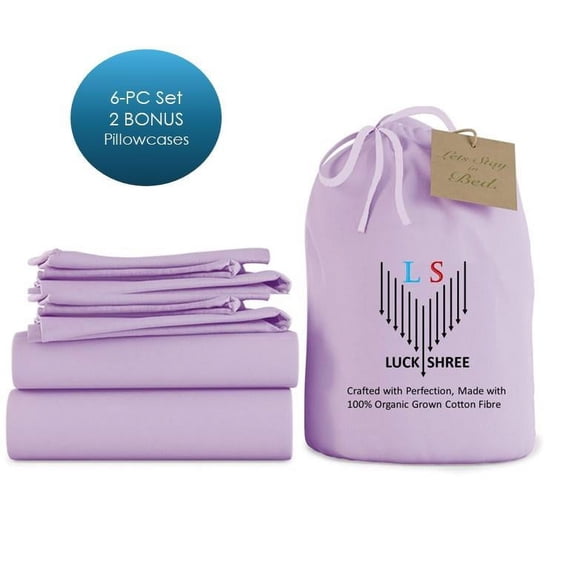 6-PC Full Organic 1000-TC Cotton Sheet Set - 18" Deep Pockets with 4 Pillowcases - Lilac