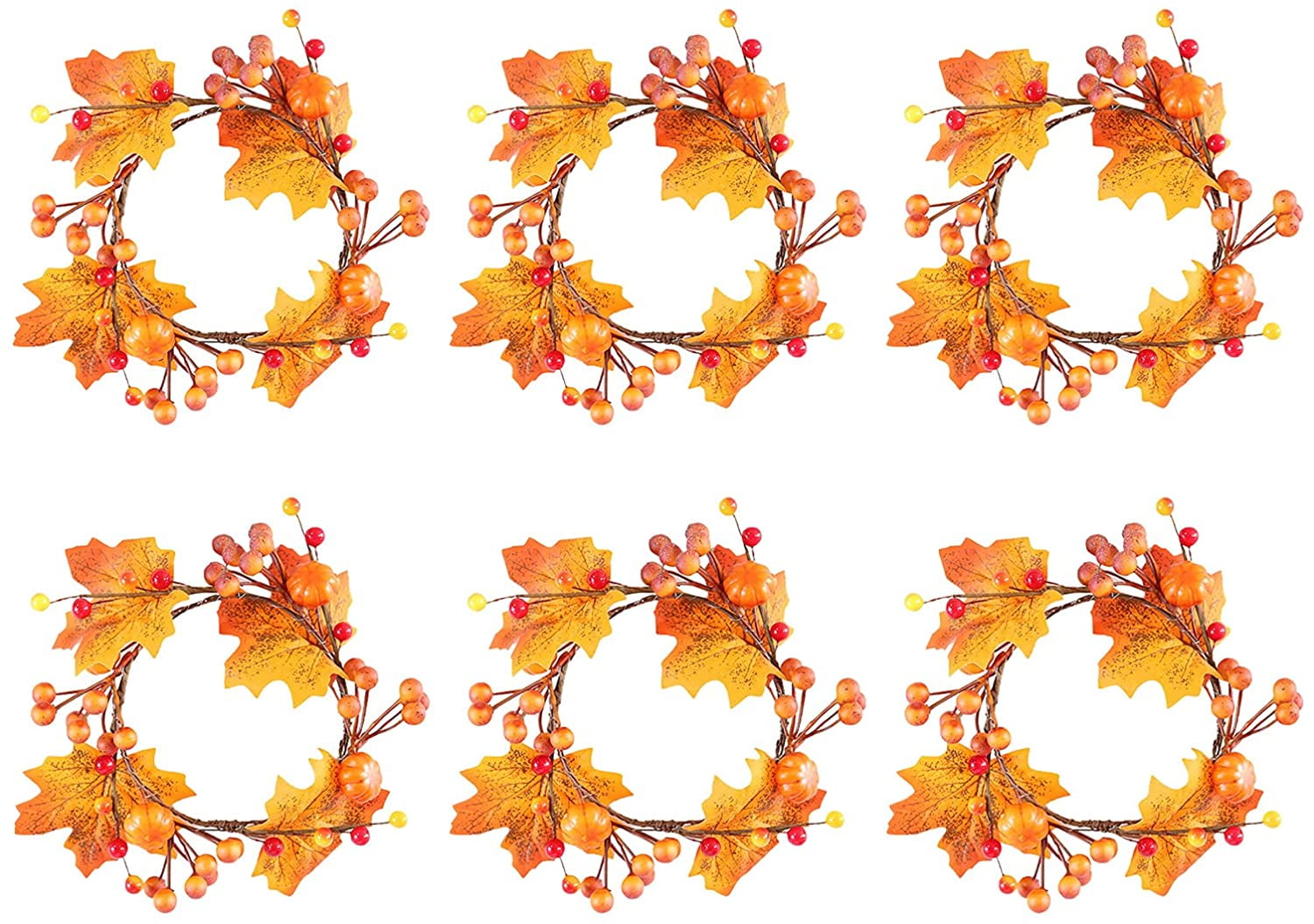 6 PC Halloween Candle Rings Wreaths, 4.7 Inch Artificial Pumpkin Maple Leaf Candle Holder Rings