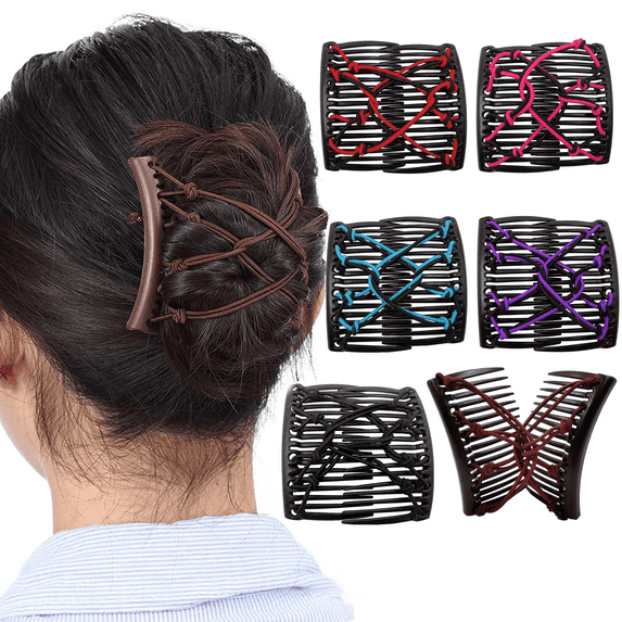 6 PC JuniShu Stretchy Double Comb Hair Clip Adjustable Elastic Hair Comb No Crease Hair,Multicolor,One Size