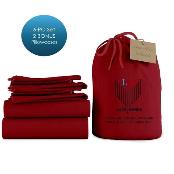 6-PC King Organic 1000-TC Cotton Sheet Set - 18" Deep Pockets with 4 Pillowcases - Burgundy