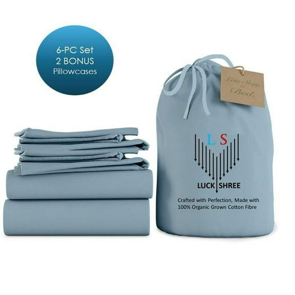 6-PC King Organic 800-TC Cotton Sheet Set - 10" Deep Pockets with 4 Pillowcases - Light Blue