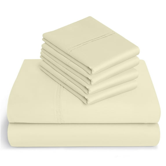 6-PC Pure Giza Cotton Split Head King Size, Ivory Color Bedsheet Set - 300-Thread-Count, 34" Split from Top, 12-inch deep pockets [1 flat sheet, 1 fitted sheet, 2 pillowcases]