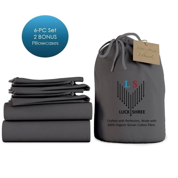 6-PC Queen Organic 800-TC Cotton Sheet Set - 12" Deep Pockets with 4 Pillowcases - Dark Grey