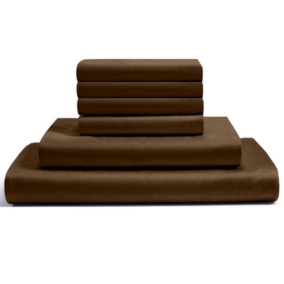 6-PC RV King Egyptian 300-TC Cotton Sheet Set - 15" Deep Pockets with 1 Fitted Sheet, 1 Oversized Flat Sheet 4 Pillowcases - Chocolate