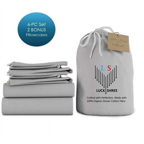 6-PC RV King Organic 1000-TC Cotton Sheet Set - 18" Deep Pockets with 4 Pillowcases - Light Grey