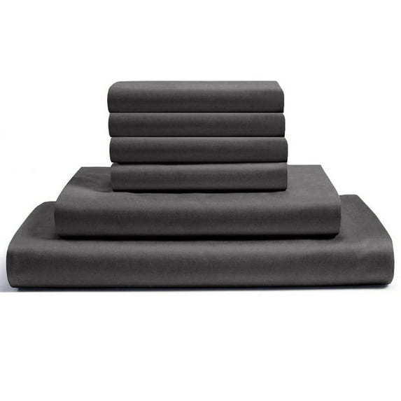 6-PC Short King Egyptian 300-TC Cotton Sheet Set - 12" Deep Pockets with 1 Fitted Sheet, 1 Oversized Flat Sheet 4 Pillowcases - Dark Grey