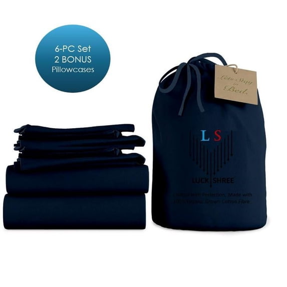 6-PC Short King Organic 1000-TC Cotton Sheet Set - 10" Deep Pockets with 4 Pillowcases - Navy Blue