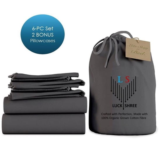 6-PC Short King Organic 800-TC Cotton Sheet Set - 10" Deep Pockets with 4 Pillowcases - Dark Grey
