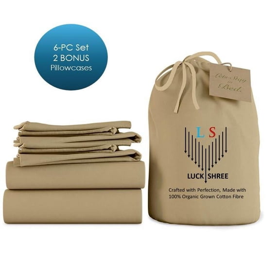 6-PC Short King Organic 800-TC Cotton Sheet Set - 10" Deep Pockets with 4 Pillowcases - Taupe