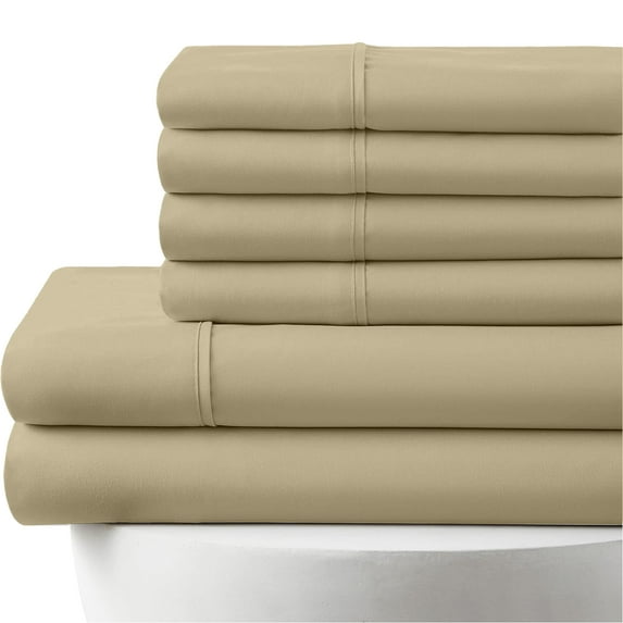 6-PC Short Queen Egyptian 1000-TC Cotton Sheet Set - 18" Deep Pockets with 1 Fitted Sheet, 1 Oversized Flat Sheet 4 Pillowcases - Taupe