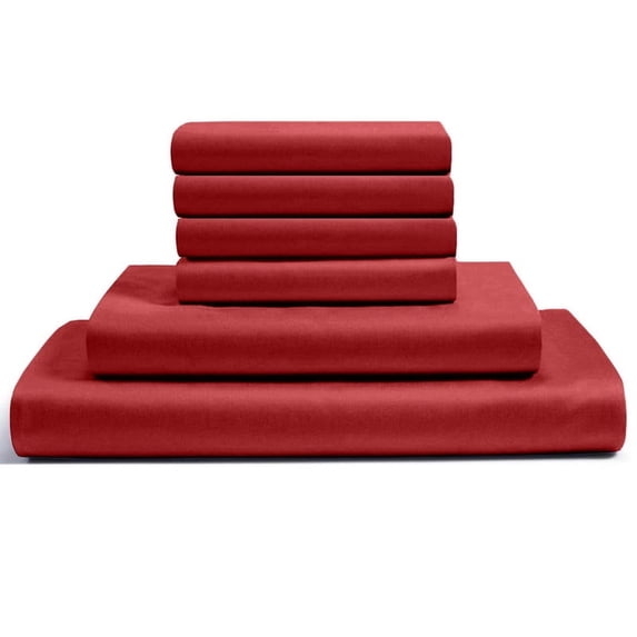 6-PC Short Queen Egyptian 300-TC Cotton Sheet Set - 15" Deep Pockets with 1 Fitted Sheet, 1 Oversized Flat Sheet 4 Pillowcases - Burgundy