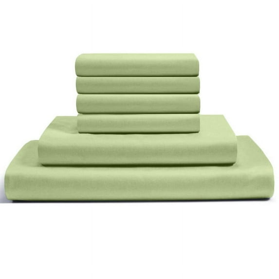 6-PC Short Queen Egyptian 400-TC Cotton Sheet Set - 10" Deep Pockets with 1 Fitted Sheet, 1 Oversized Flat Sheet 4 Pillowcases - Sage