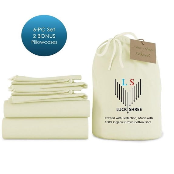 6-PC Short Queen Organic 1000-TC Cotton Sheet Set - 12" Deep Pockets with 4 Pillowcases - Ivory