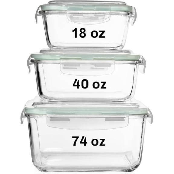 6 PC Square Glass Food Storage Containers with Airtight lids (74, 40 & 18 oz) Kitchen Glass Meal Prep Containers Set for Freezer Reusable Leftover Lunch Boxes, Oven, Microwave, Dishwasher Safe