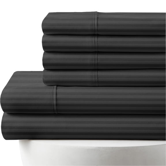 6-PC Striped Sheet Set - 1000-TC, 100% Egyptian Cotton, 1000-TC Long Staple Egyptian Cotton, 10" Deep Pockets - California King Size, Dark Grey Stripe Color