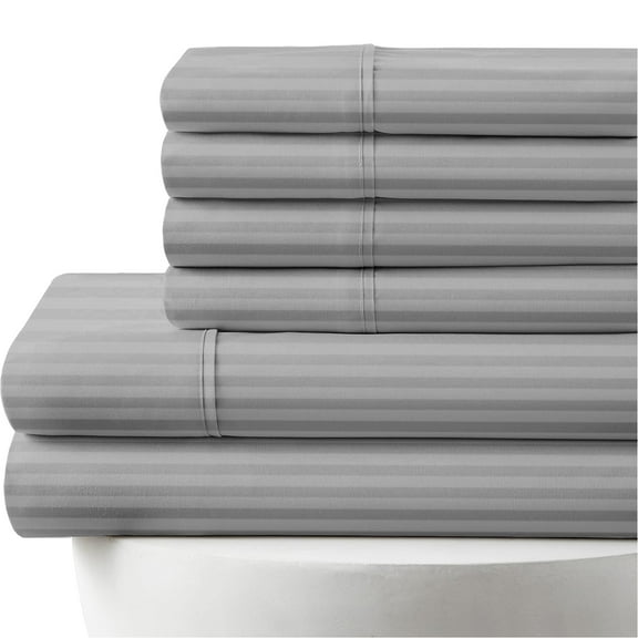 6-PC Striped Sheet Set - 1000 Thread Count, 100% Egyptian Cotton, 1000-TC, 15" Deep Pockets - King Size, Light Grey Stripe Color